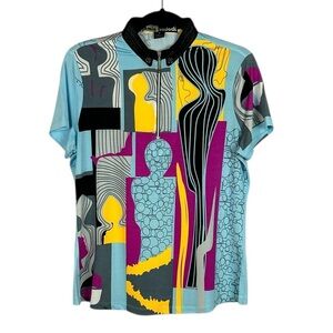 Jamie Sadock Sporty Athletic Short Sleeve 1/4 Zip Faux Leather Collar Top Medium